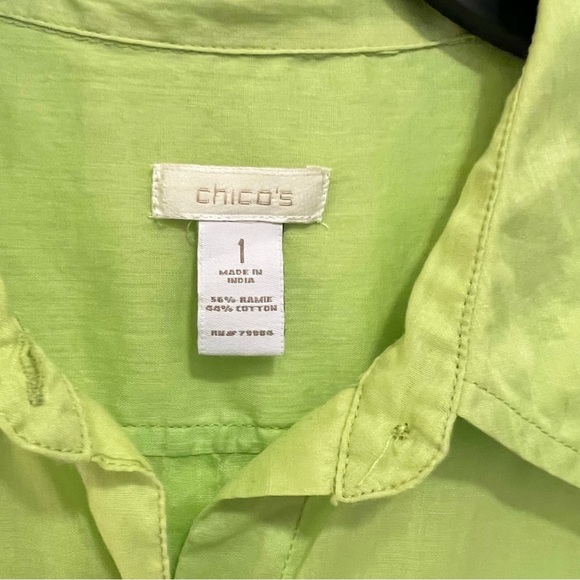 Chico's Button Up Top Size 1 (Medium) Yellow Green Ramie Cotton 3/4 Sleeve Sheer - Picture 3 of 12